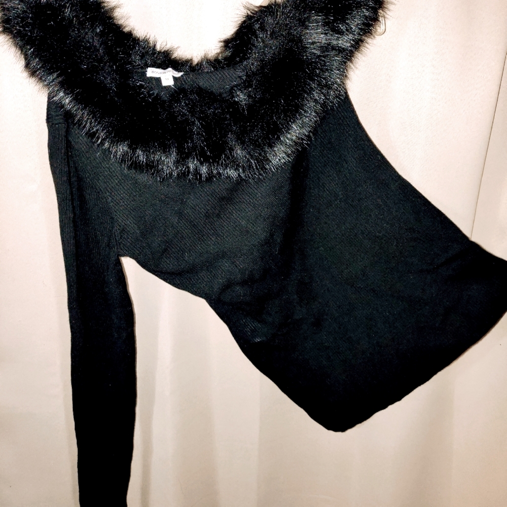Boston Proper Black Faux Fur LS Sweater Med NWT